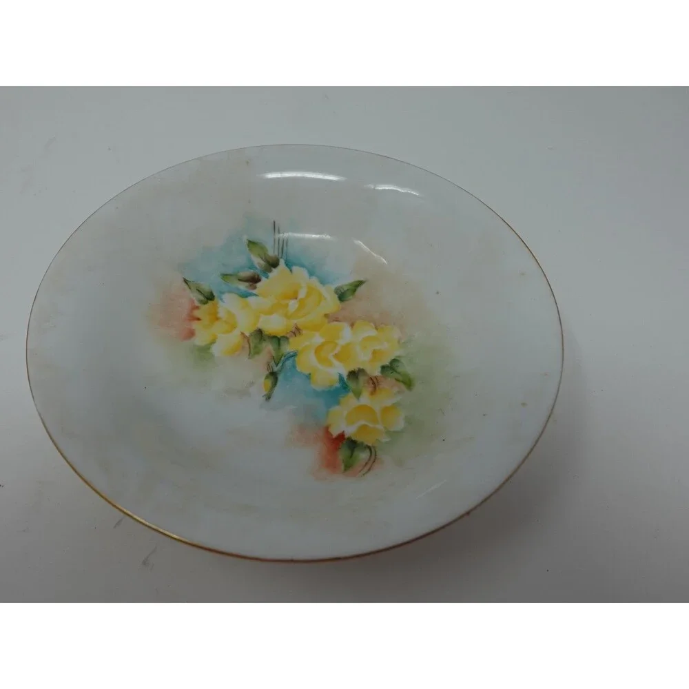 Vintage Hand Painted German Bowl V. Rose 1945 Yellow Roses Floral Porcelain